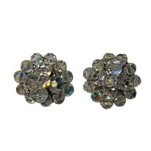Vintage Clear Beaded Cluster Clip On Circular Earrings